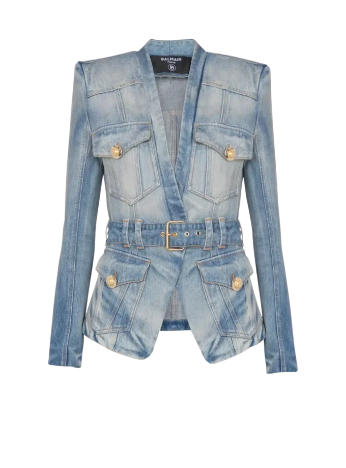 1-button belted denim jacket 1-button belted denim jacket