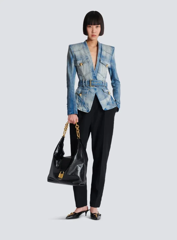 1-button belted denim jacket 1-button belted denim jacket