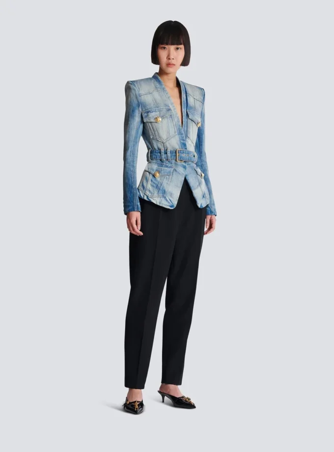 1-button belted denim jacket 1-button belted denim jacket