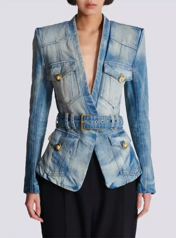 1-button belted denim jacket 1-button belted denim jacket