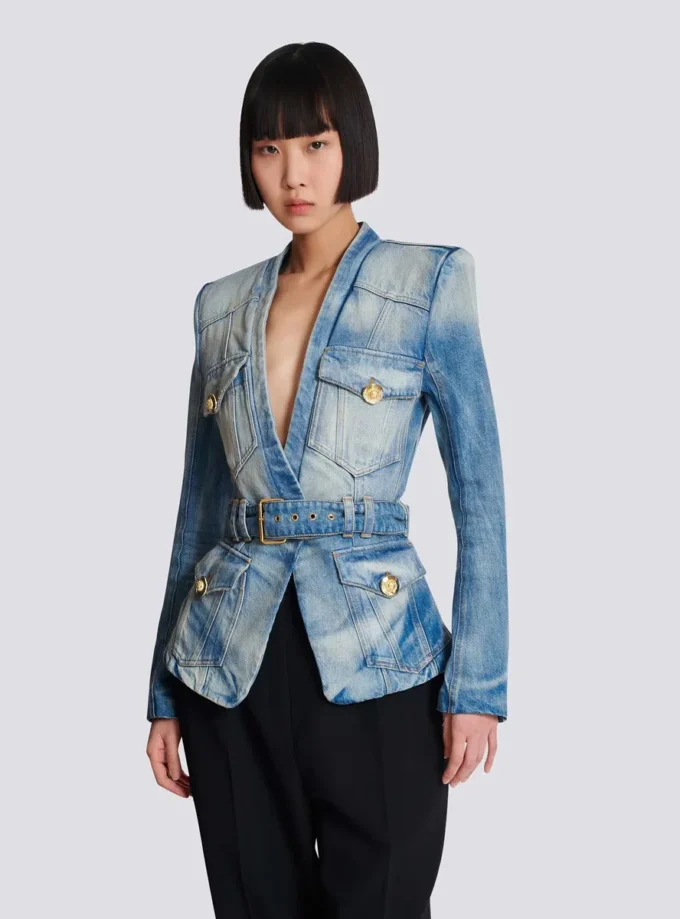1-button belted denim jacket 1-button belted denim jacket
