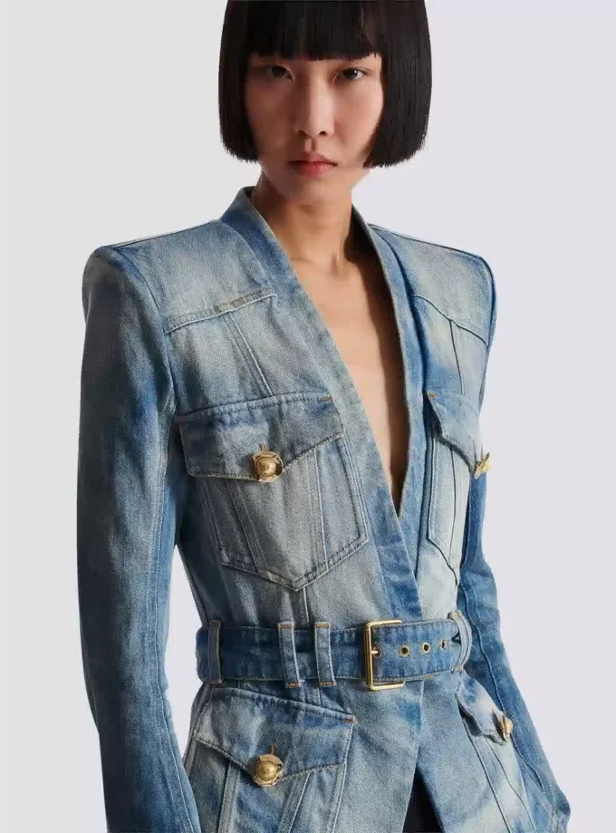 1-button belted denim jacket 1-button belted denim jacket