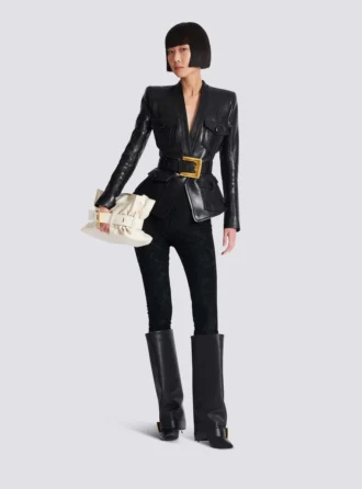 1-button belted leather jacket