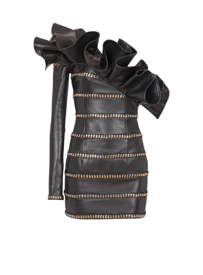 Asymmetric leather bodycon dress with chains Asymmetric leather bodycon dress with chains