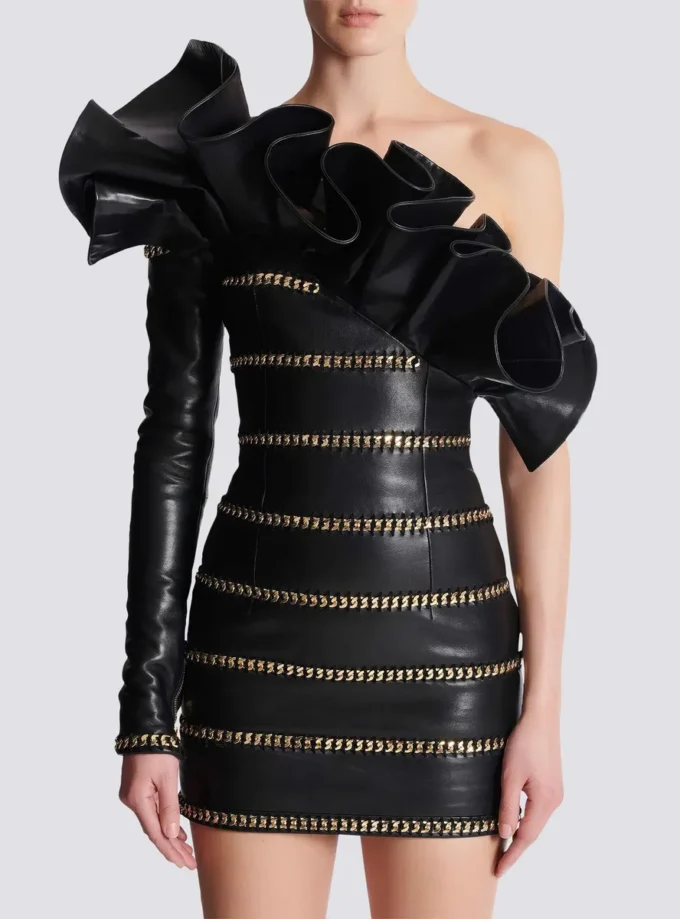 Asymmetric leather bodycon dress with chains Asymmetric leather bodycon dress with chains