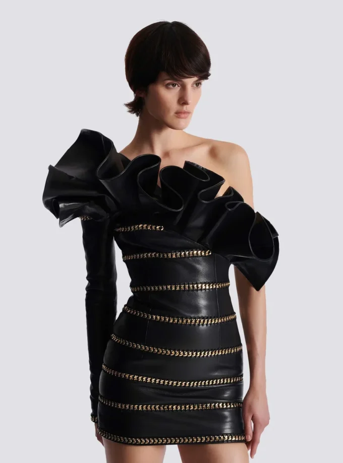 Asymmetric leather bodycon dress with chains Asymmetric leather bodycon dress with chains