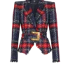 Belted plaid tweed jacket