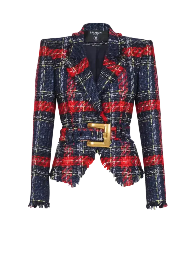 Belted plaid tweed jacket