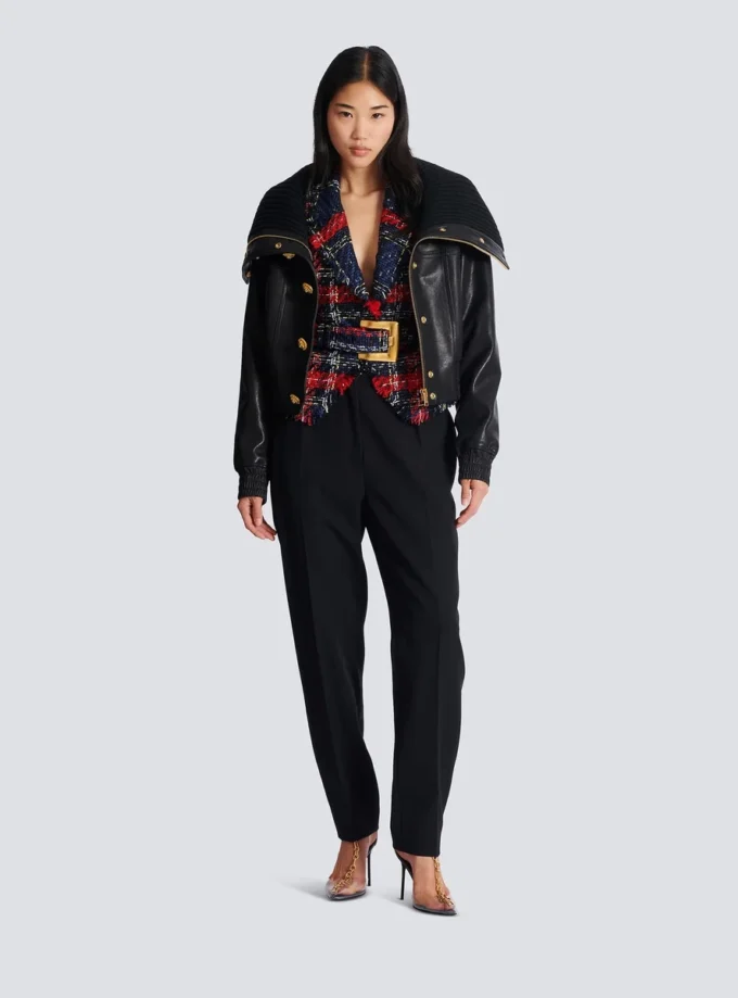 Belted plaid tweed jacket