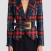 Belted plaid tweed jacket