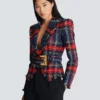 Belted plaid tweed jacket