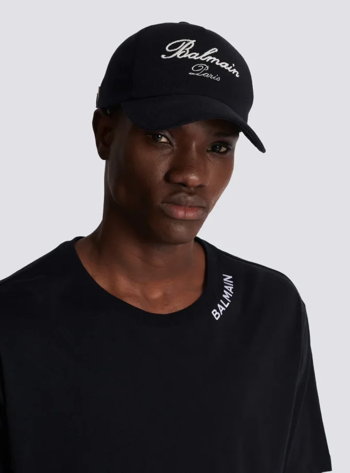 Cotton cap with Balmain Signature embroidery Cotton cap with Balmain Signature embroidery