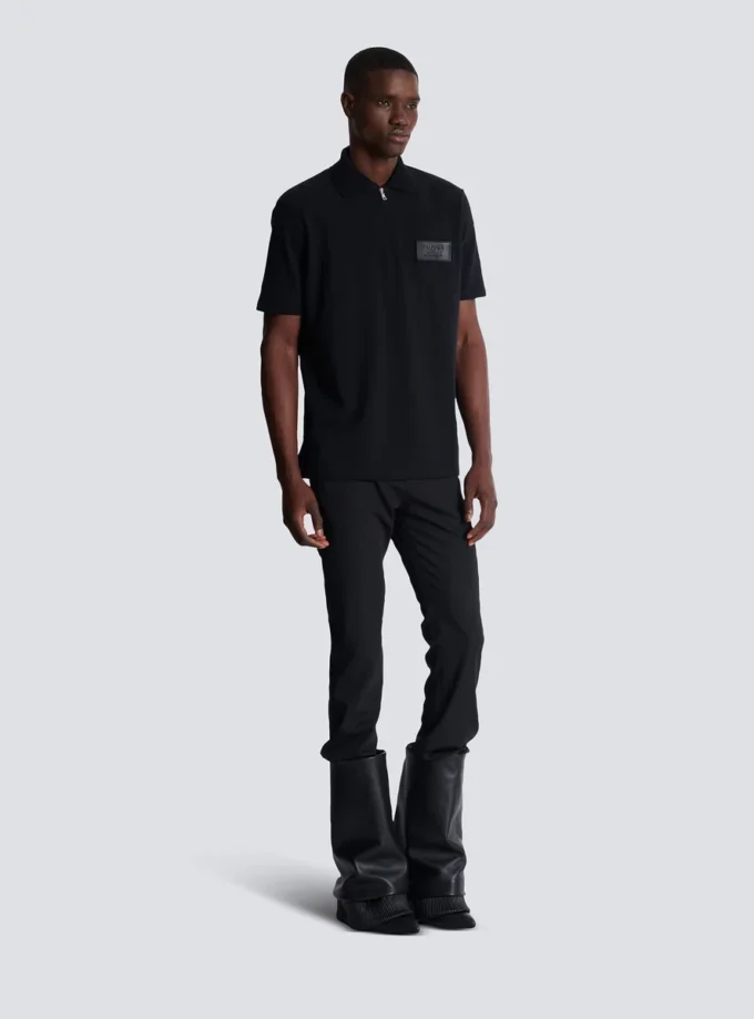 Cotton polo shirt with leather Balmain Couture label