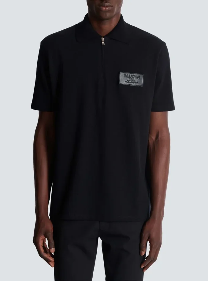 Cotton polo shirt with leather Balmain Couture label