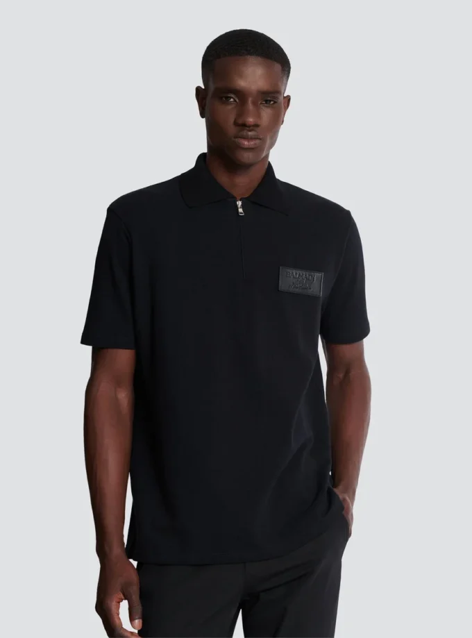 Cotton polo shirt with leather Balmain Couture label