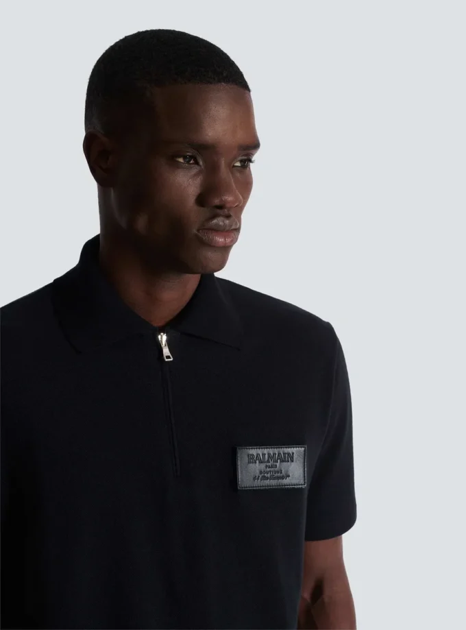 Cotton polo shirt with leather Balmain Couture label