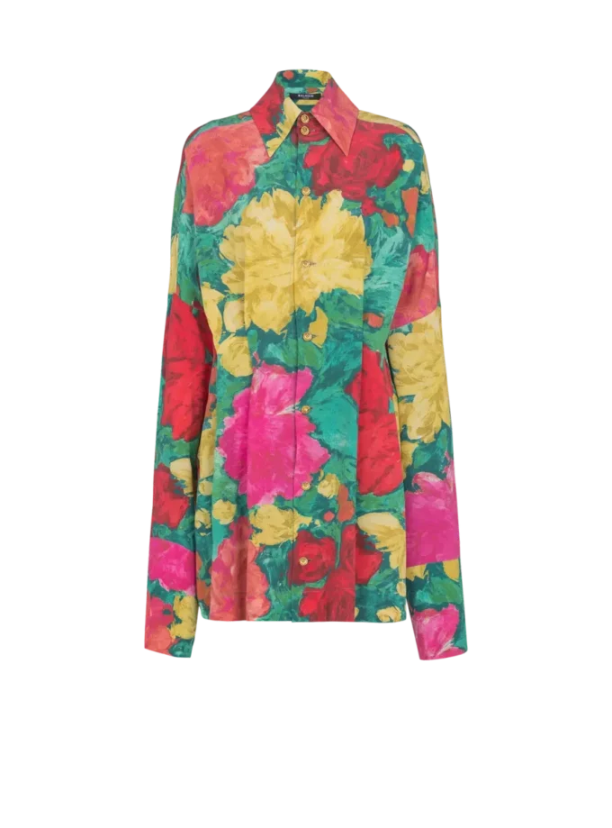 Crepe shirt dress with roses print Crepe shirt dress with roses print