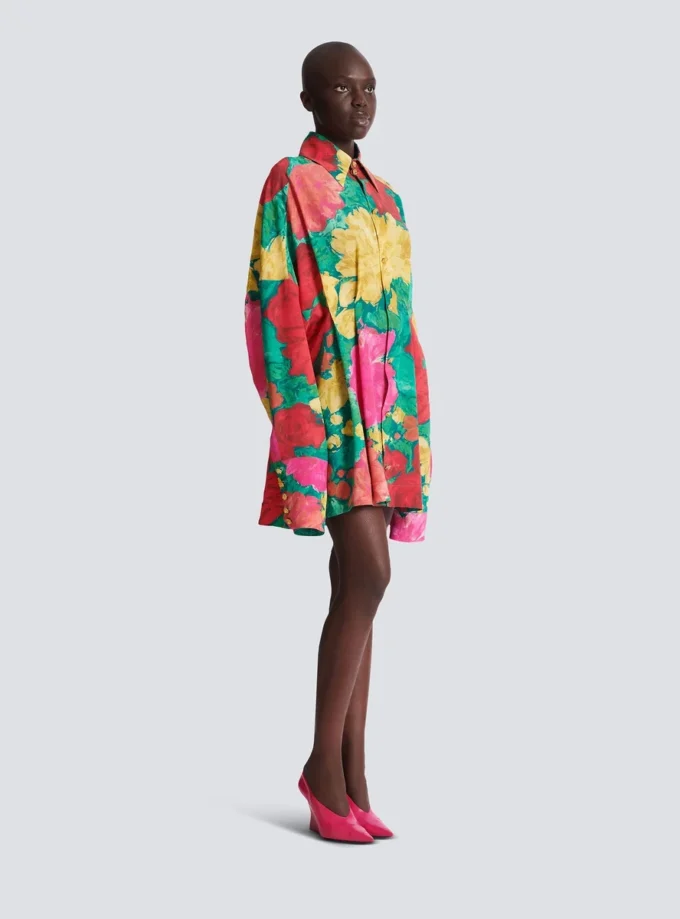 Crepe shirt dress with roses print Crepe shirt dress with roses print