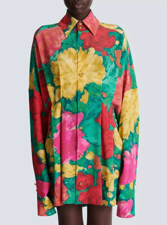 Crepe shirt dress with roses print Crepe shirt dress with roses print