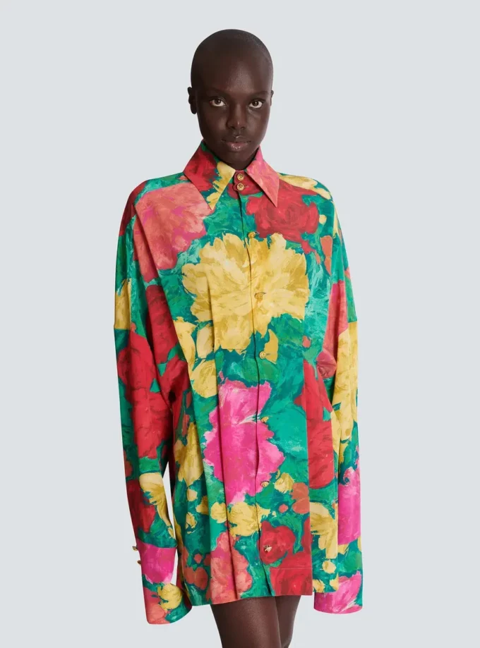 Crepe shirt dress with roses print Crepe shirt dress with roses print