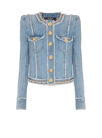 Denim jacket with pearl trim