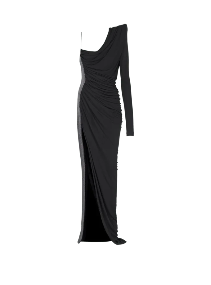 Draped asymmetrical two-material dress