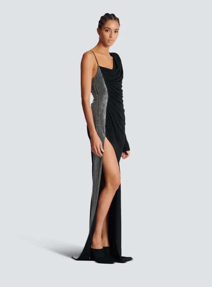 Draped asymmetrical two-material dress