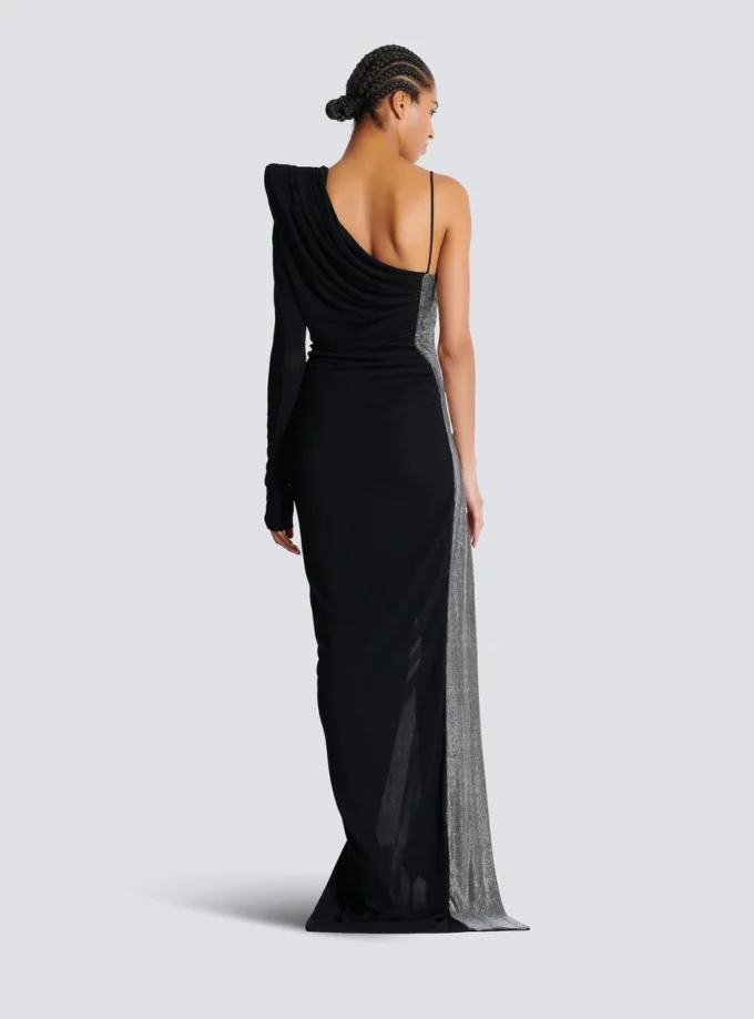 Draped asymmetrical two-material dress