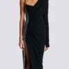 Draped asymmetrical two-material dress