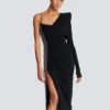 Draped asymmetrical two-material dress