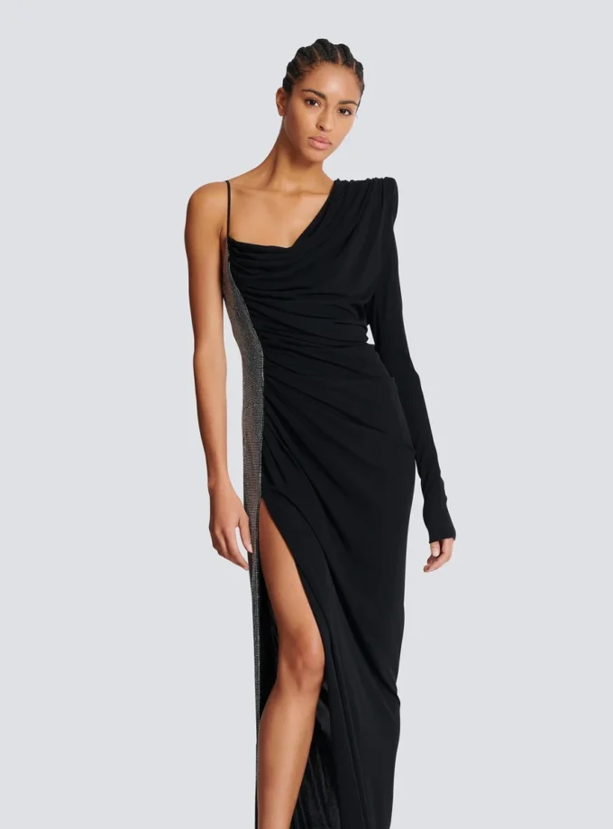 Draped asymmetrical two-material dress