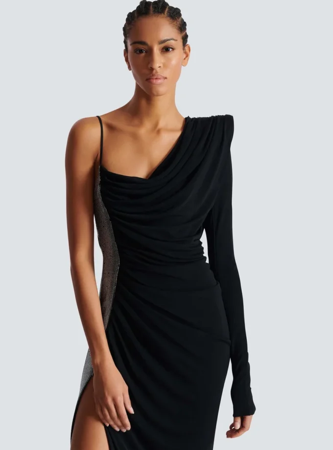 Draped asymmetrical two-material dress