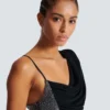 Draped asymmetrical two-material dress