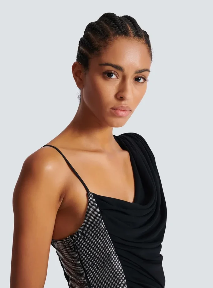 Draped asymmetrical two-material dress