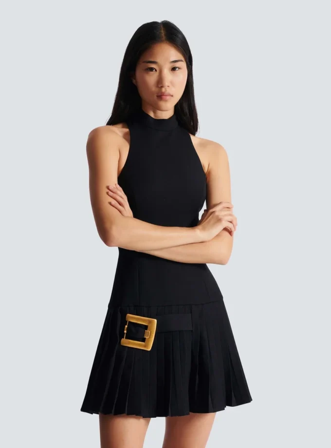Flared grain de poudre dress with belt detail Flared grain de poudre dress with belt detail