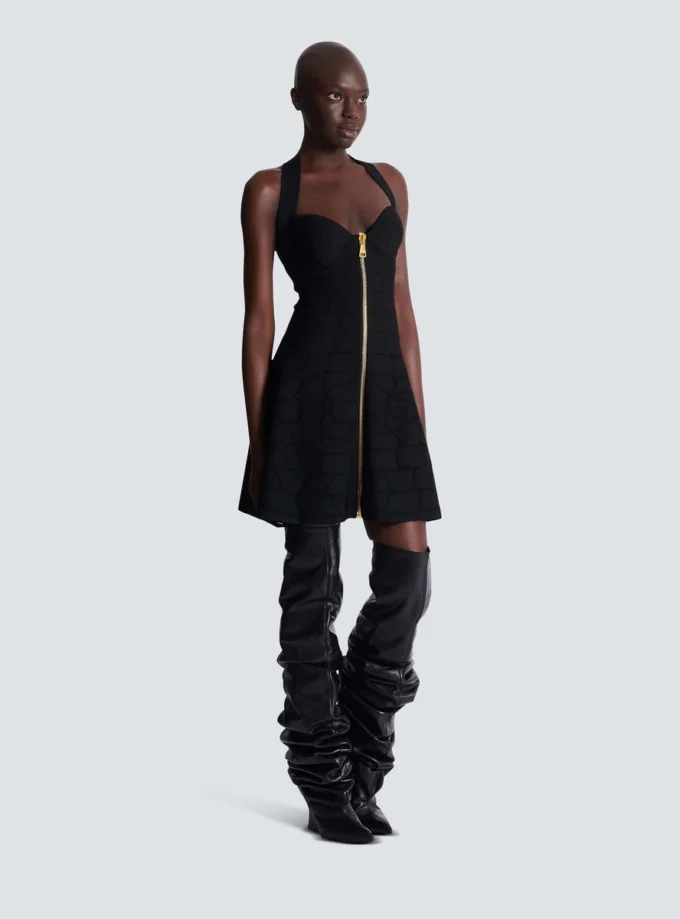 Flared halterneck dress in crocodile knit Flared halterneck dress in crocodile knit