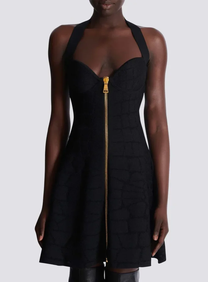 Flared halterneck dress in crocodile knit Flared halterneck dress in crocodile knit