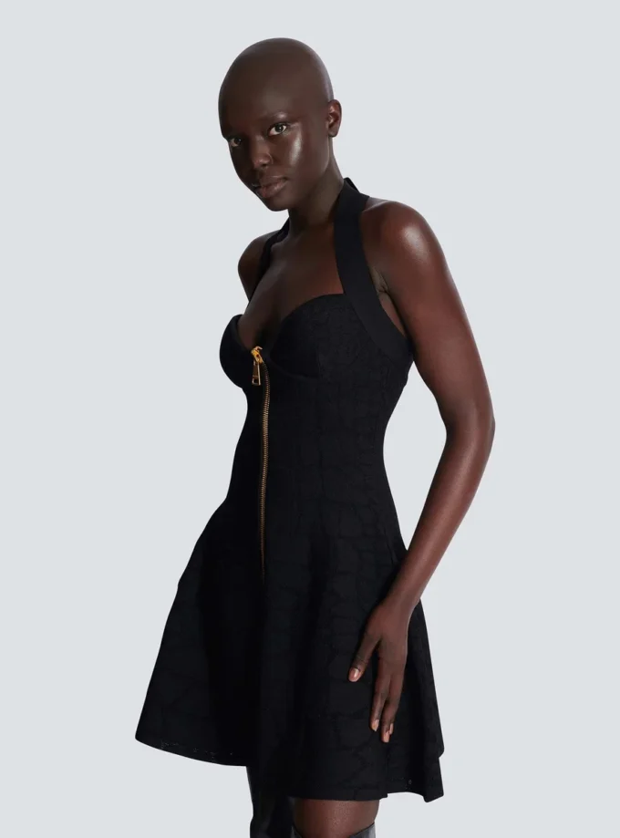 Flared halterneck dress in crocodile knit Flared halterneck dress in crocodile knit