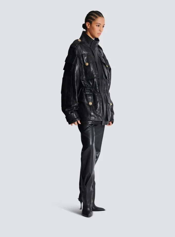 Lambskin leather parka with topstitched Diamond pattern