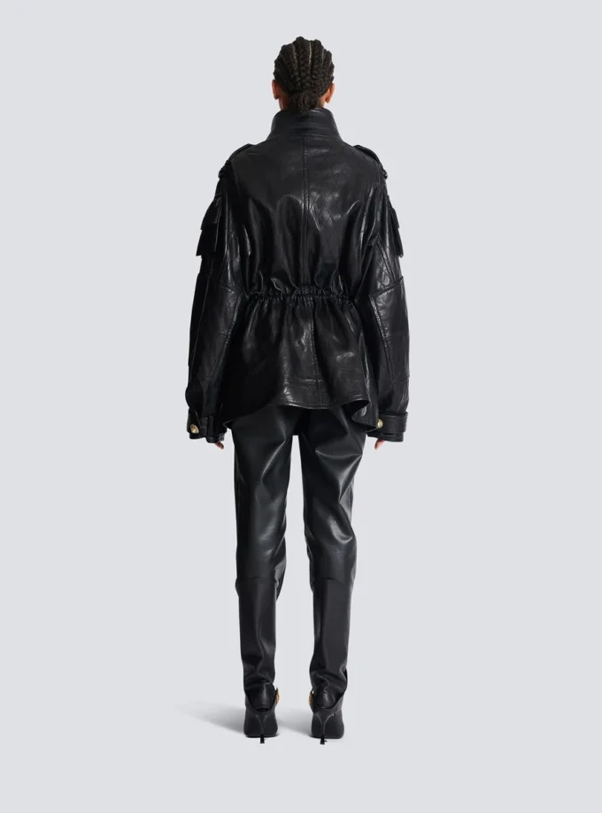 Lambskin leather parka with topstitched Diamond pattern