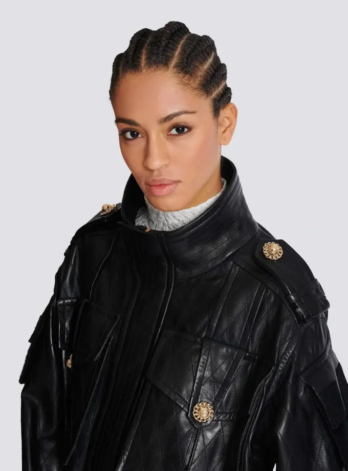 Lambskin leather parka with topstitched Diamond pattern