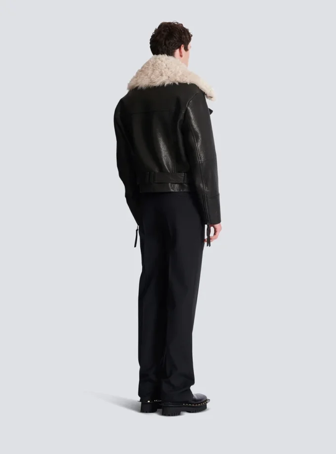 Leather jacket with shearling collar