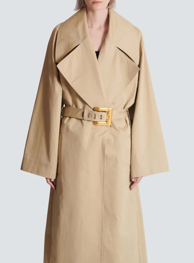 Long cotton gabardine trench coat