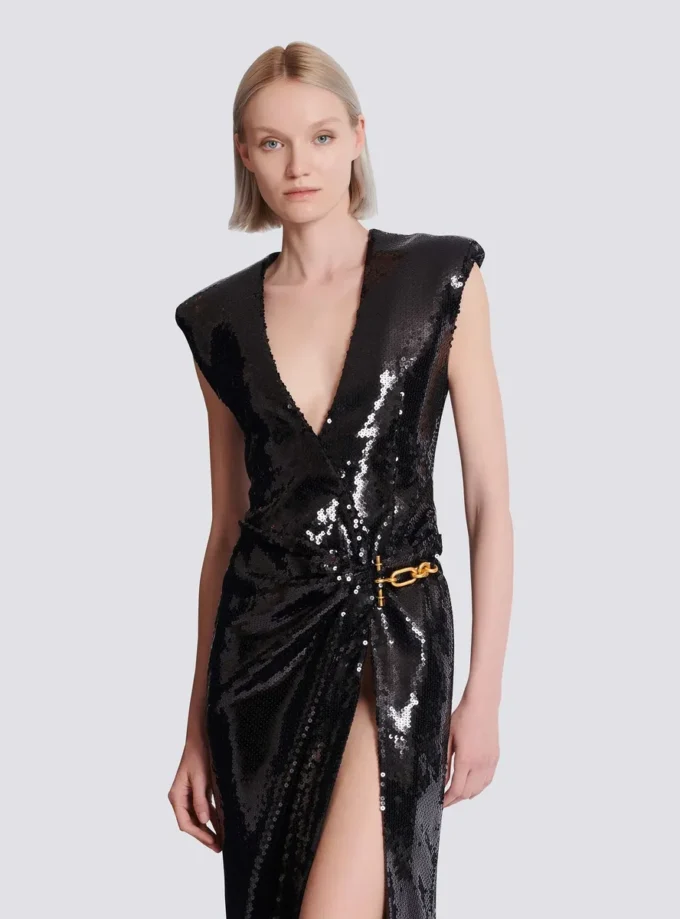 Long draped sequin dress with embellished detail