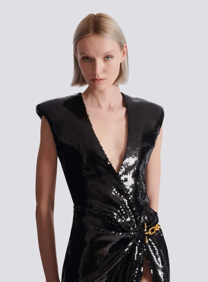 Long draped sequin dress with embellished detail