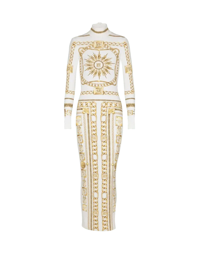 Long printed bodycon dress with Balmain Foulard pattern Long printed bodycon dress with Balmain Foulard pattern