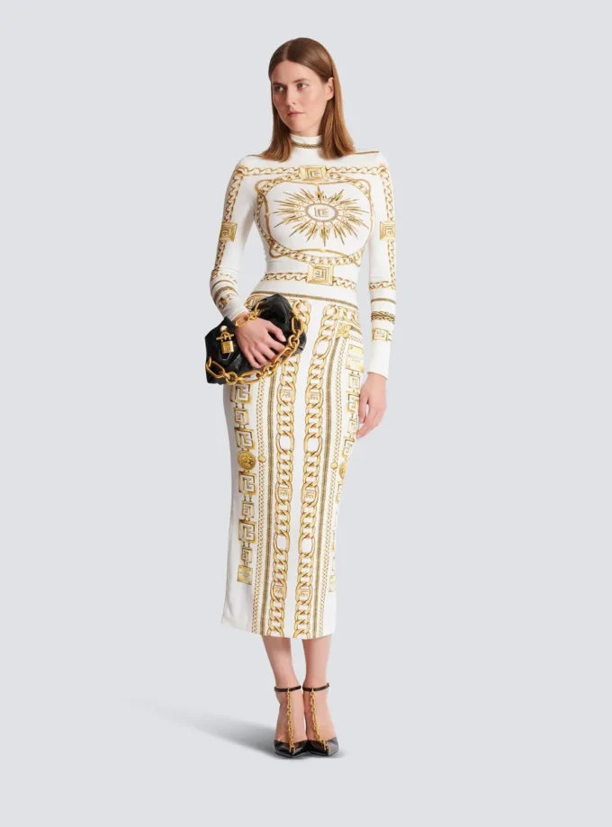 Long printed bodycon dress with Balmain Foulard pattern Long printed bodycon dress with Balmain Foulard pattern