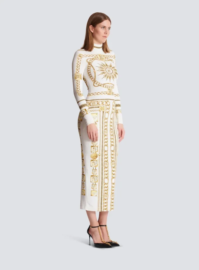 Long printed bodycon dress with Balmain Foulard pattern Long printed bodycon dress with Balmain Foulard pattern