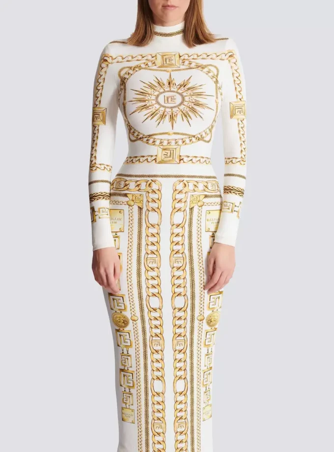 Long printed bodycon dress with Balmain Foulard pattern Long printed bodycon dress with Balmain Foulard pattern