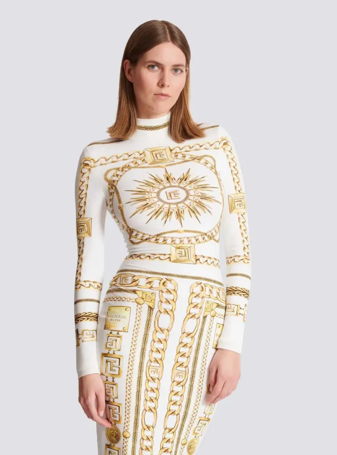 Long printed bodycon dress with Balmain Foulard pattern Long printed bodycon dress with Balmain Foulard pattern